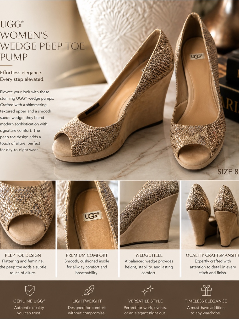 ✨ UGG Metallic Shimmer Wedge Peep-Toe Heels – Size 8 ✨